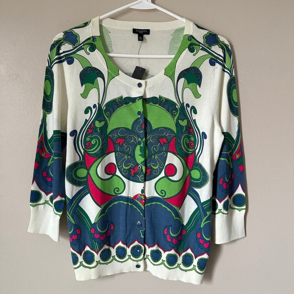 Talbots Cardigan Sweater Womens Petite Medium English Garden Abstract Floral